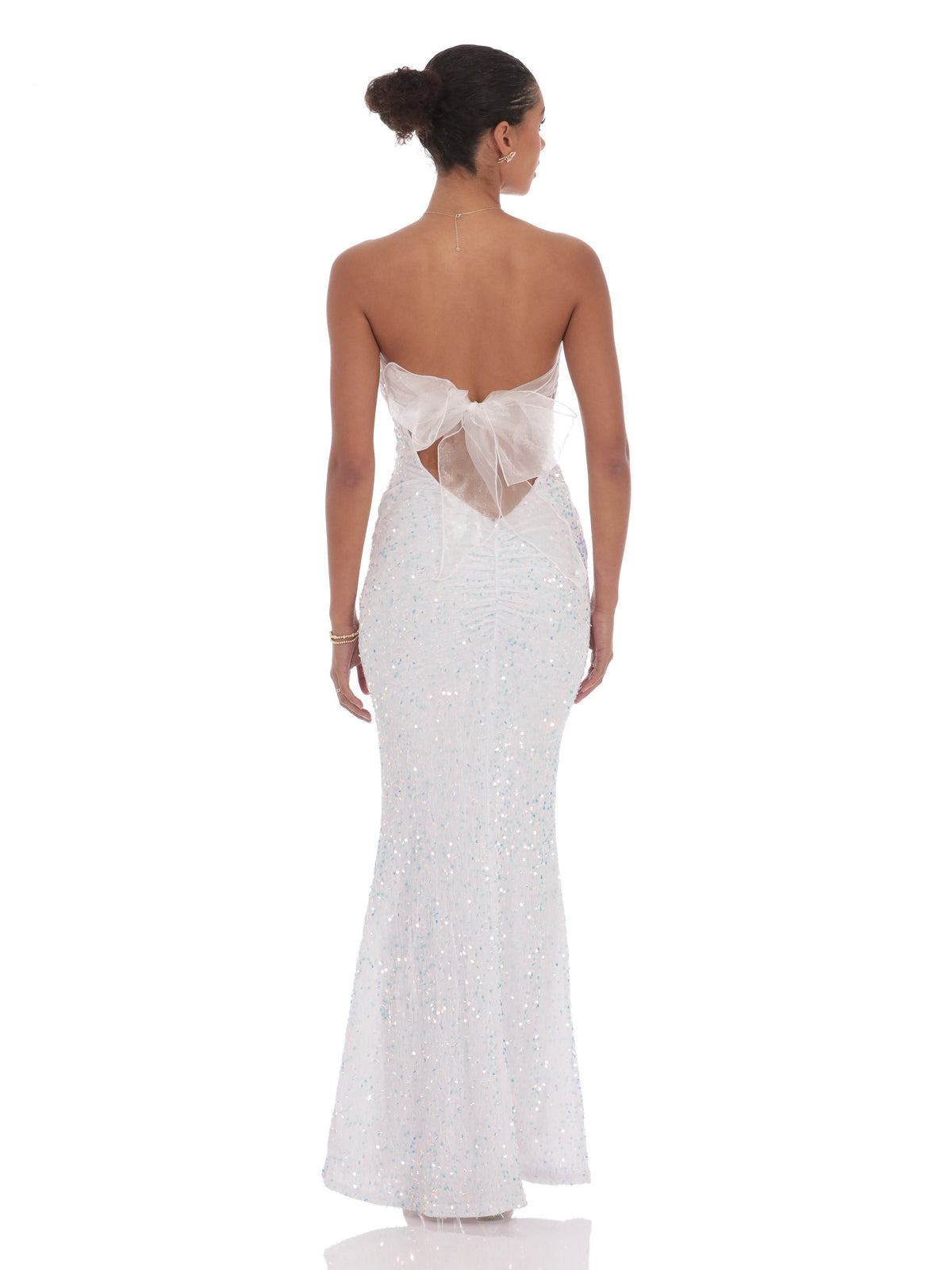 White bridesmaid dress with a-line silhouette and maxi length
