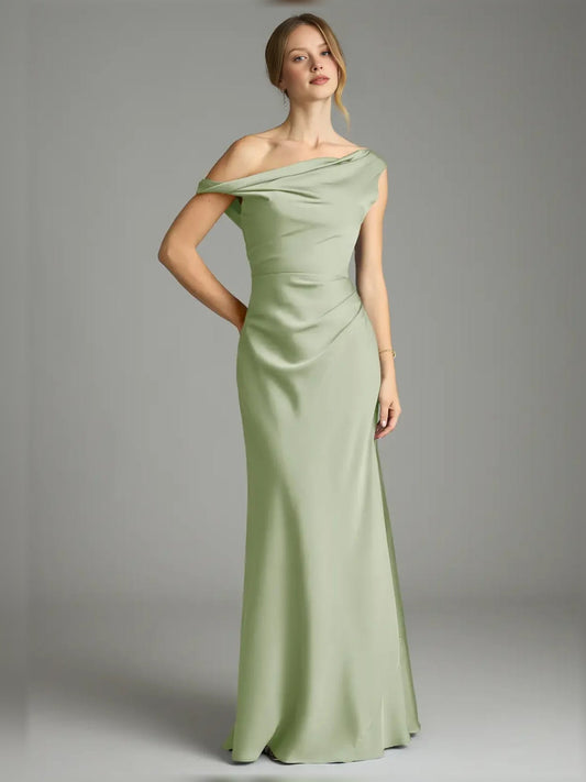 Dusty sage satin off-shoulder mermaid gown with pleated drape, floor length
