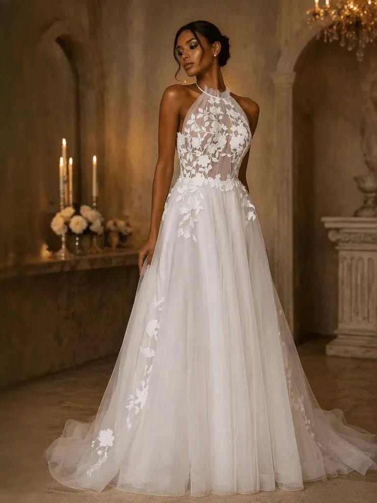 Ivory halter A-line tulle wedding dress with floral lace bodice and layered skirt