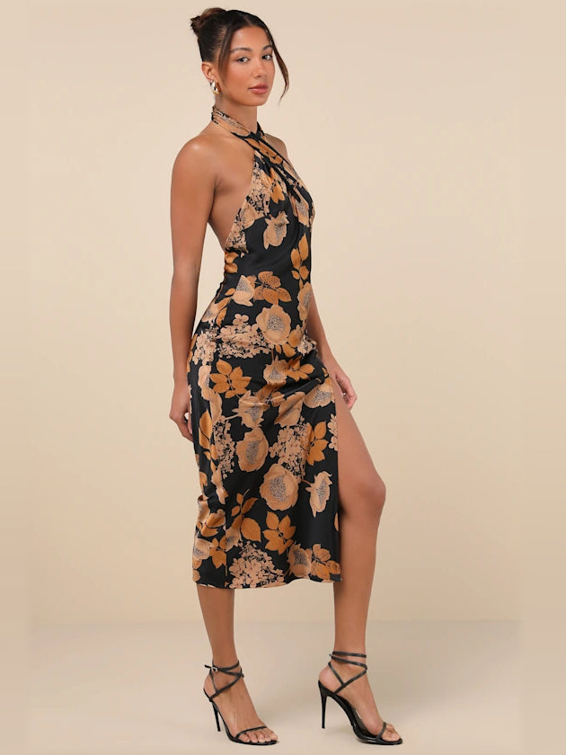 Satin halter midi formal dress, black with gold floral print, front 3/4 view