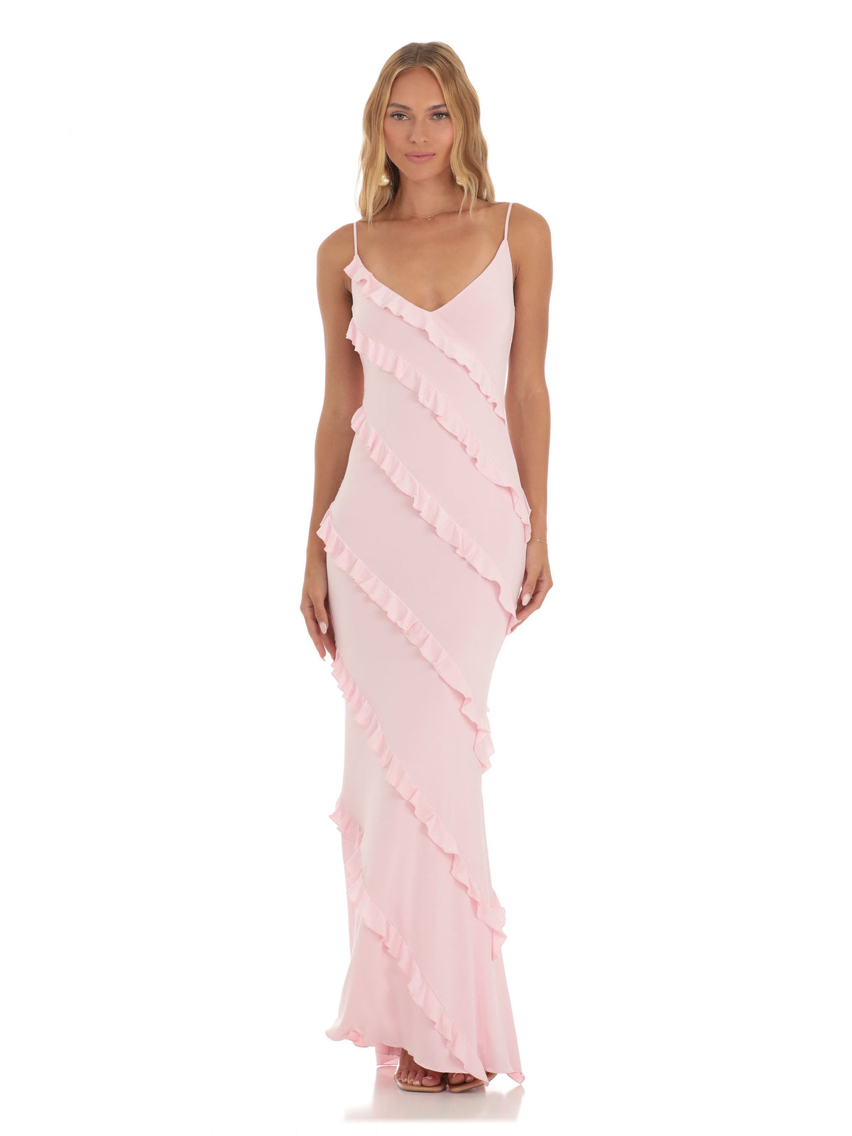 Pink bridesmaid dress with a-line silhouette and maxi length