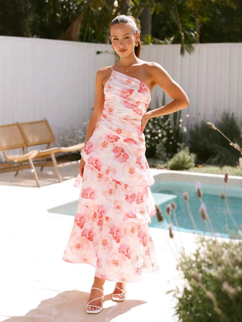 Coral Pink Floral Print a-line maxi formal dress with one-shoulder neckline, full-length front view