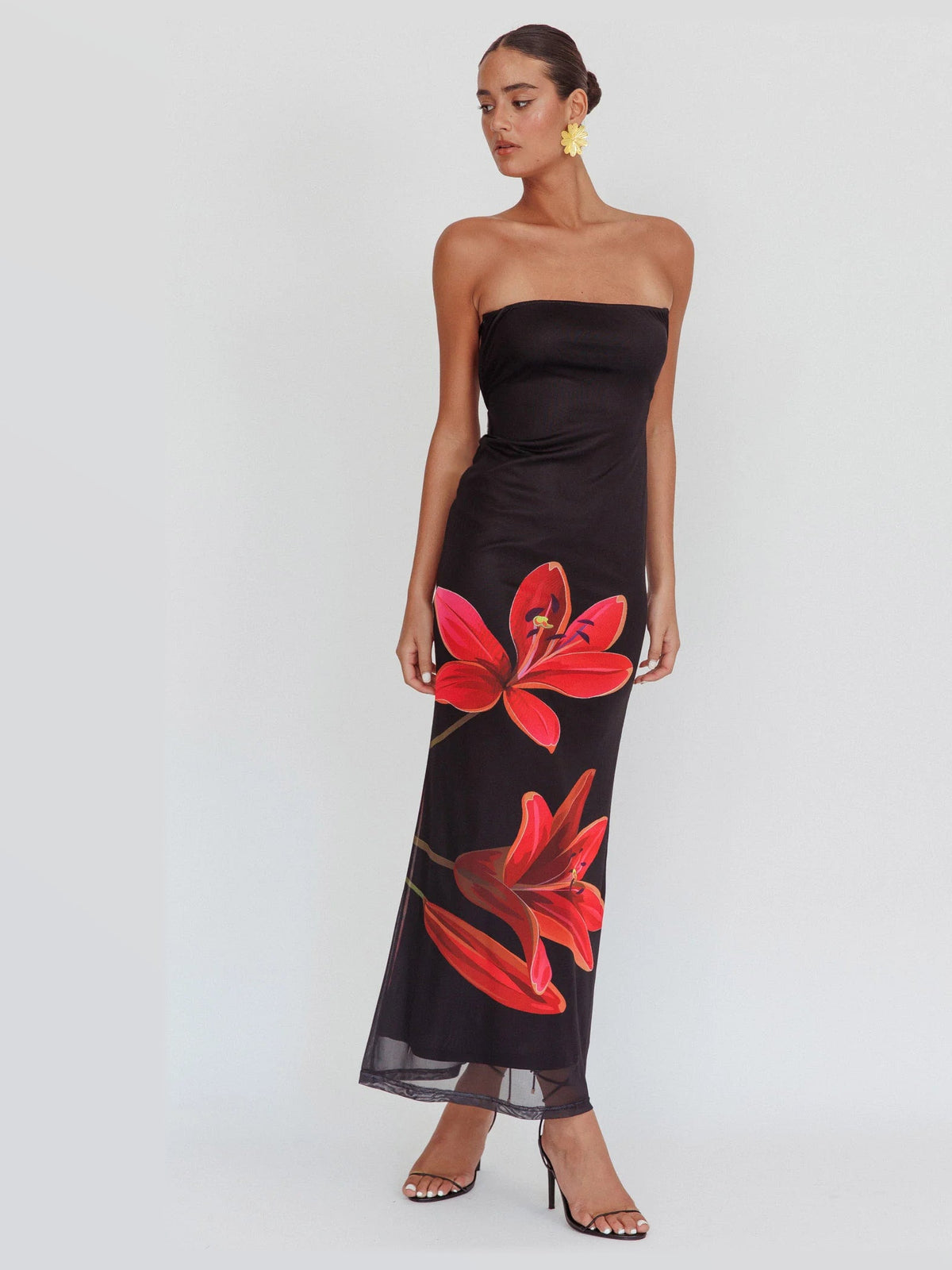 Black maxi formal dress, front full-length view showing the neckline