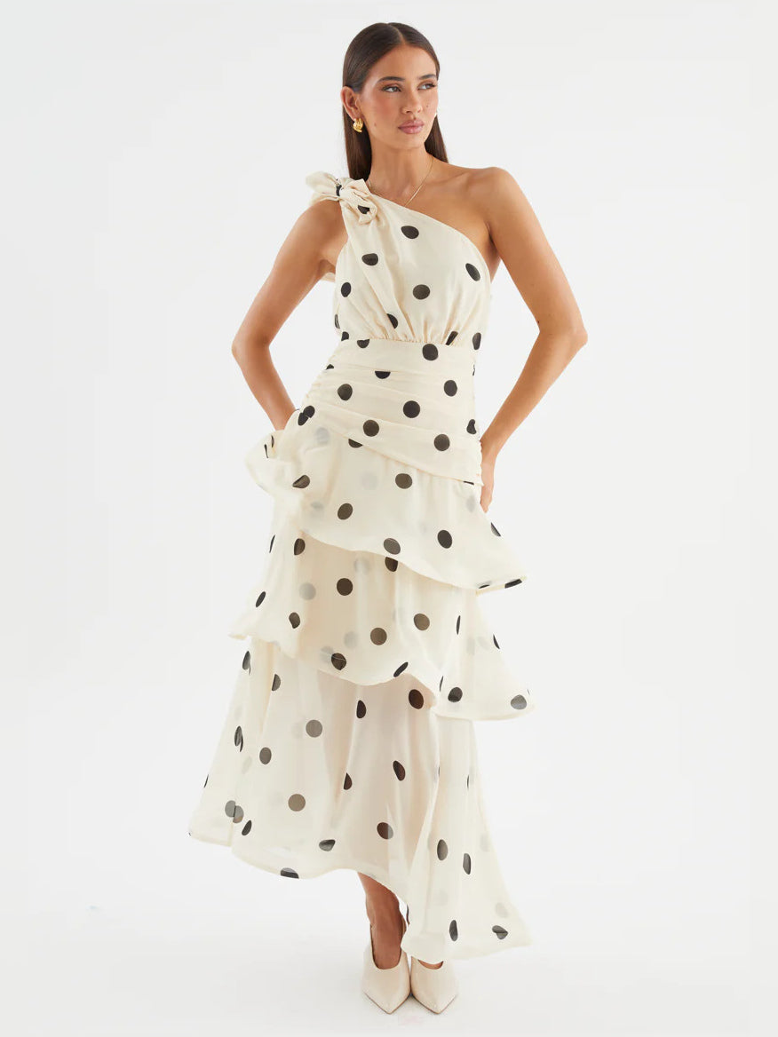 Ivory Black Polka Dot a-line maxi formal dress with one-shoulder neckline, full-length front view