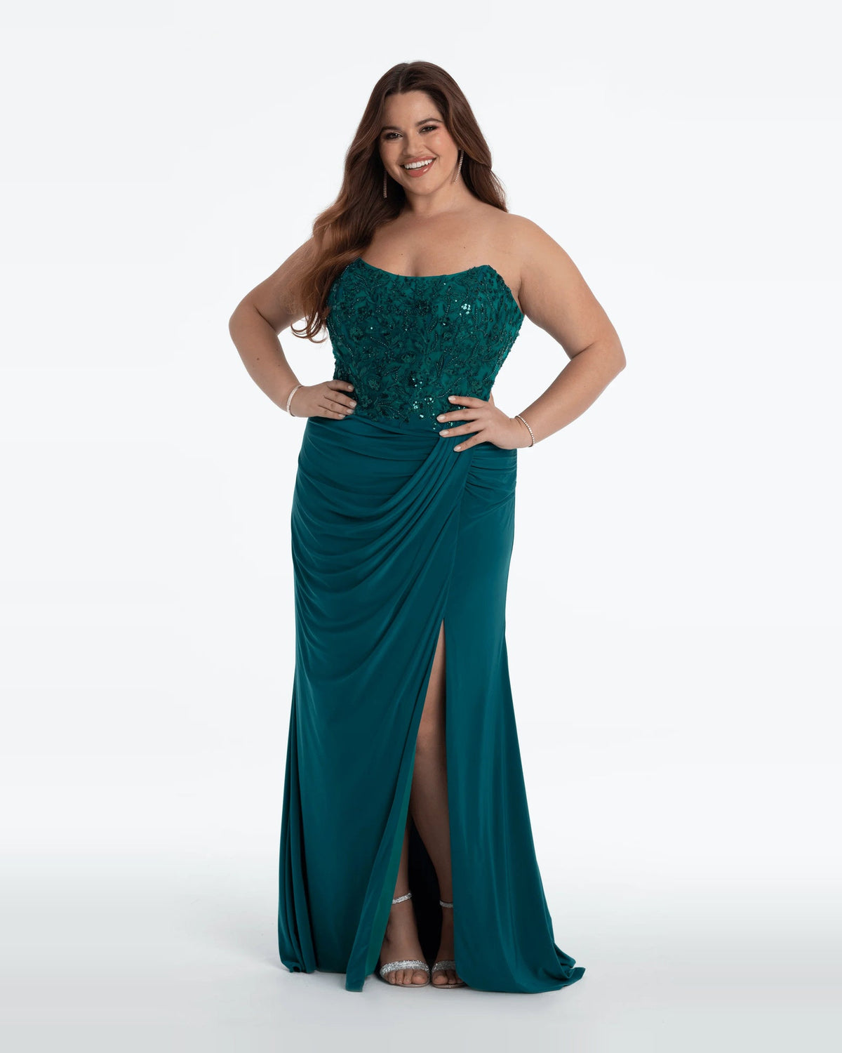 Green strapless corset maxi prom dress with beaded bodice and draped column skirt