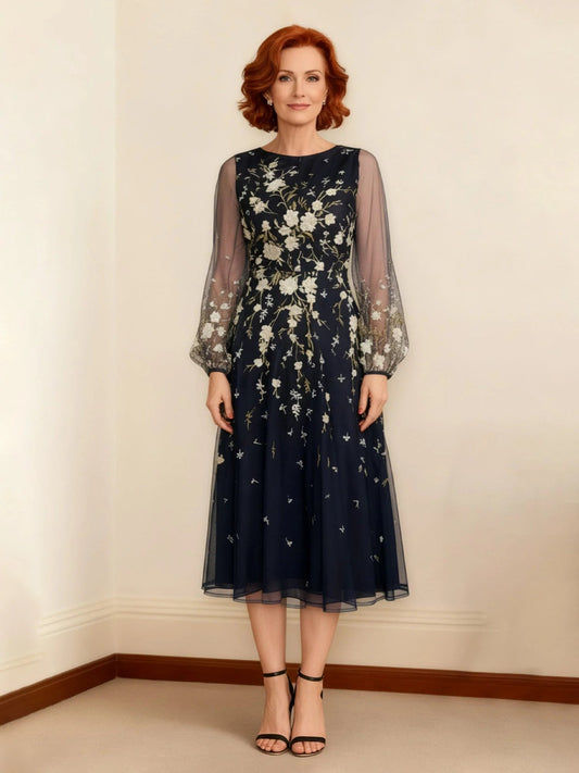 Dark navy floral embroidered midi dress, round neck, sheer sleeves, A-line skirt