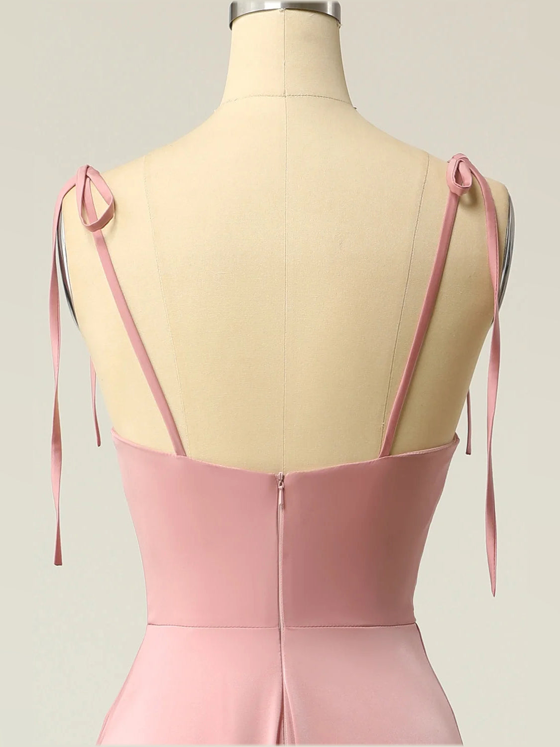 Dusty pink satin A-line maxi dress with cowl back and tie shoulder straps