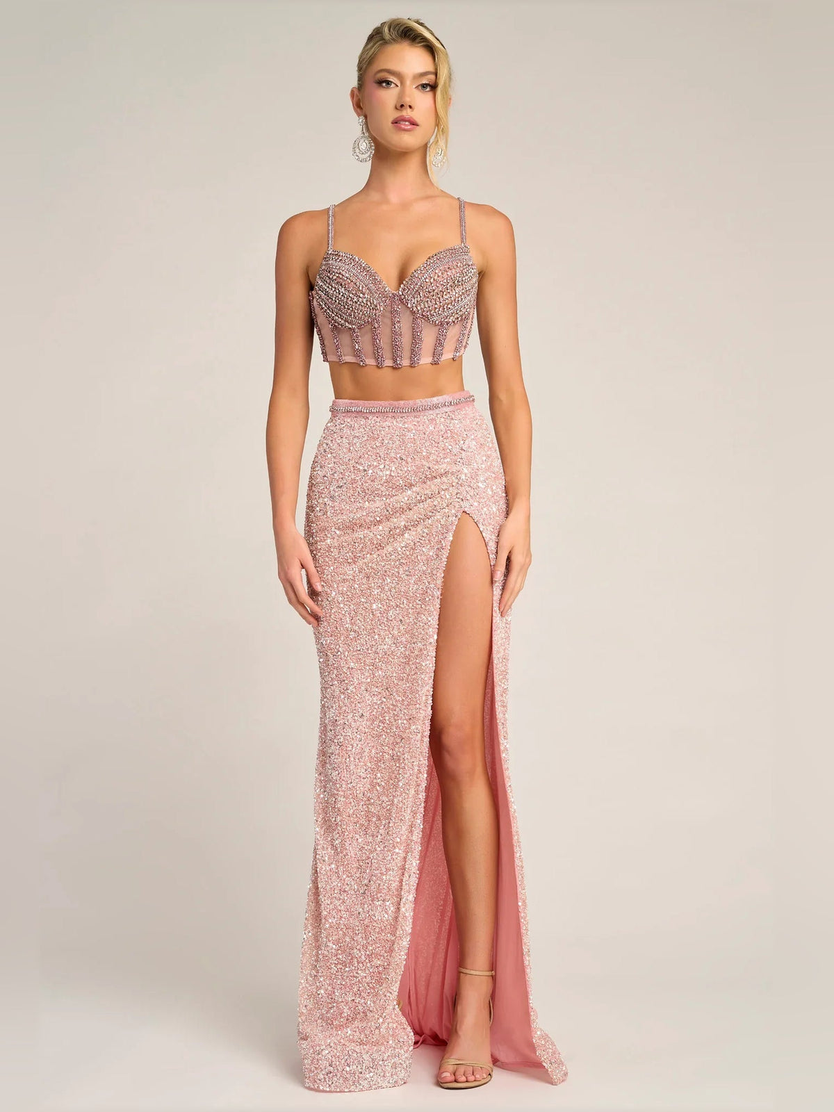 Coral pink sequin spaghetti-strap two-piece formal dress with embellished crop top