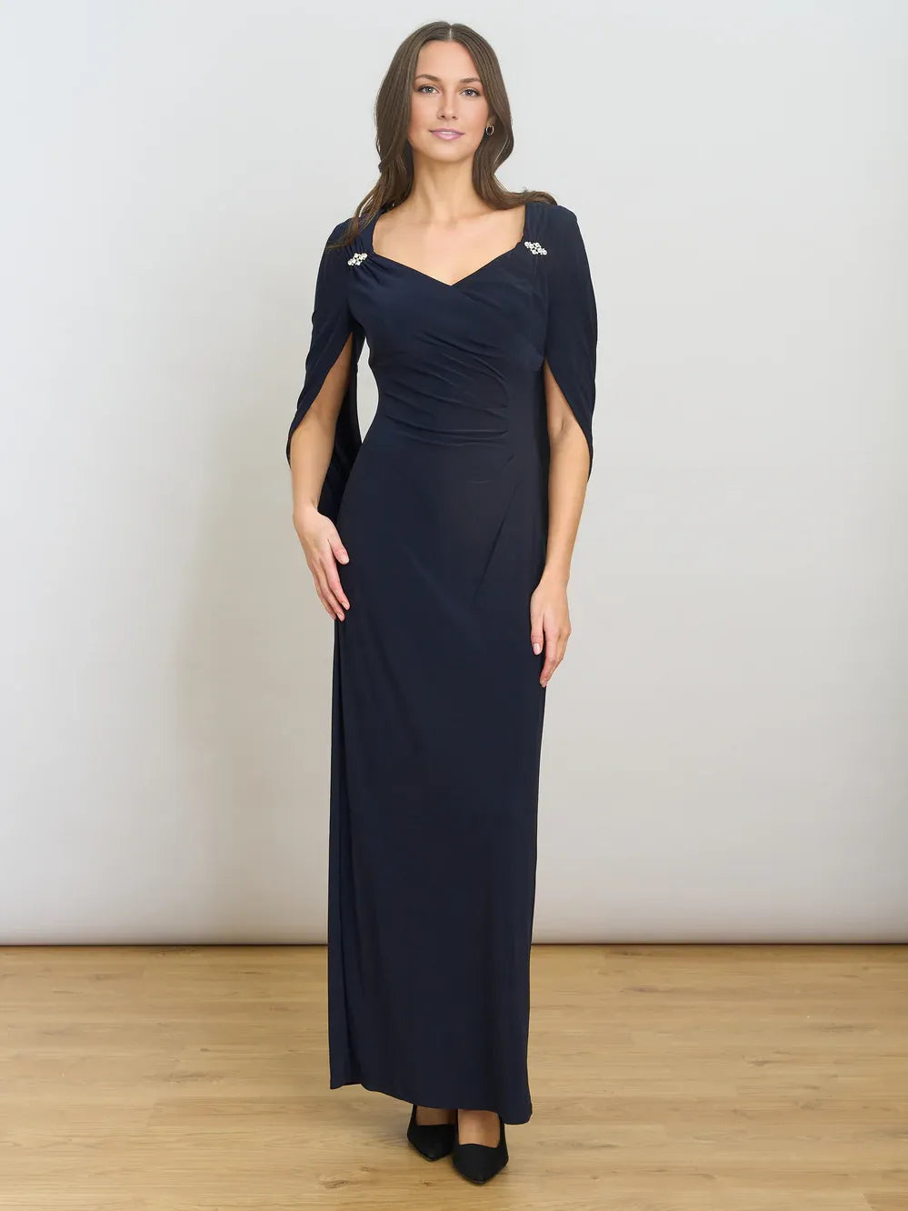 Dark navy sweetheart sheath maxi dress with ruched drape and short cape sleeves