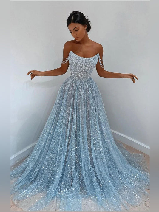 Light blue off-shoulder glitter tulle formal dress with floral appliqué