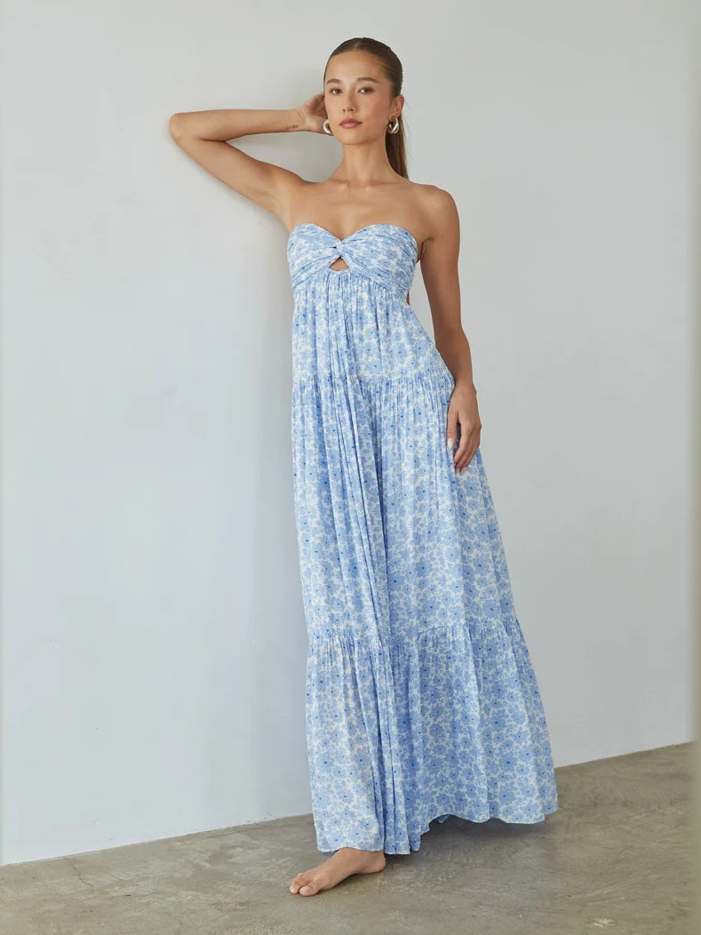 Blue Floral formal dress with a-line silhouette and maxi length