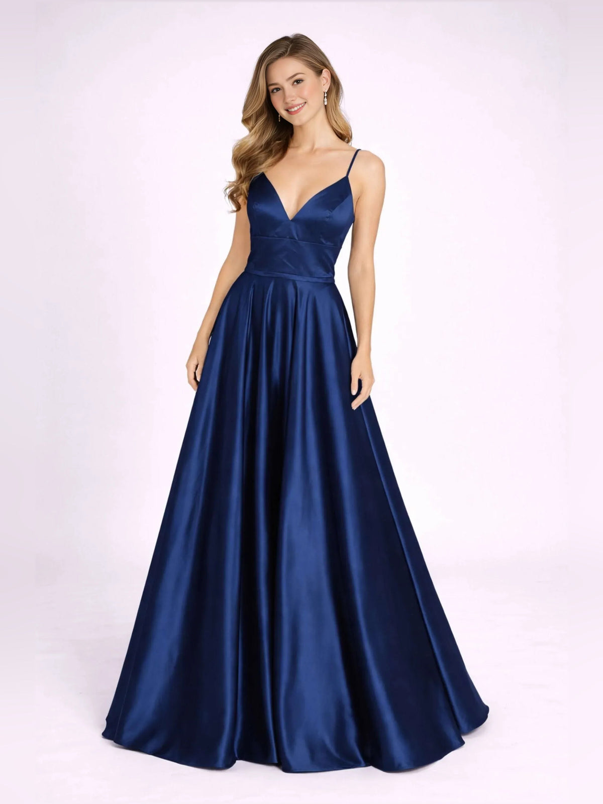 Navy blue V-neck open-back A-line formal gown, sleeveless, floor-length
