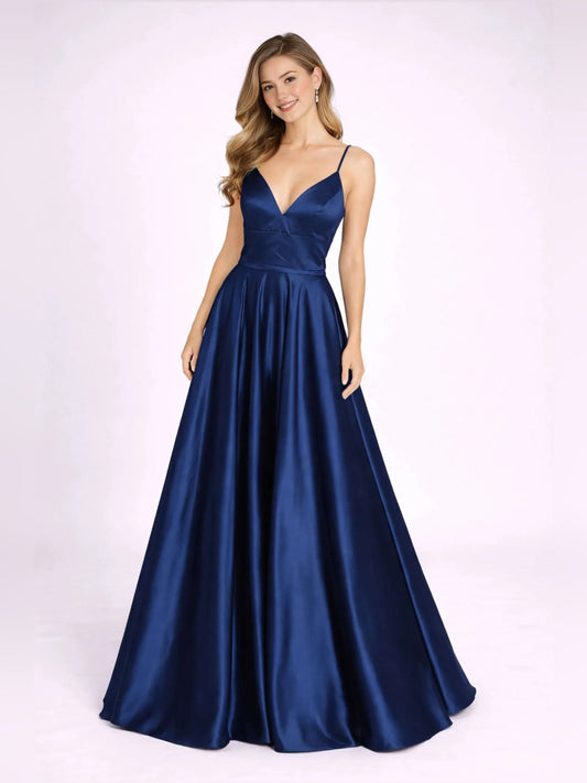 Navy blue V-neck open-back A-line formal gown, sleeveless, floor-length