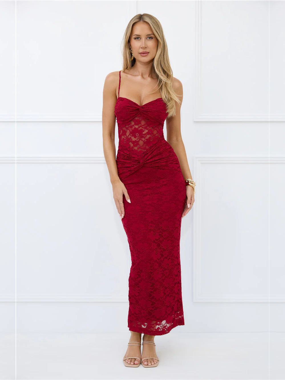 Burgundy sheath maxi formal dress with sheath, full-length front view