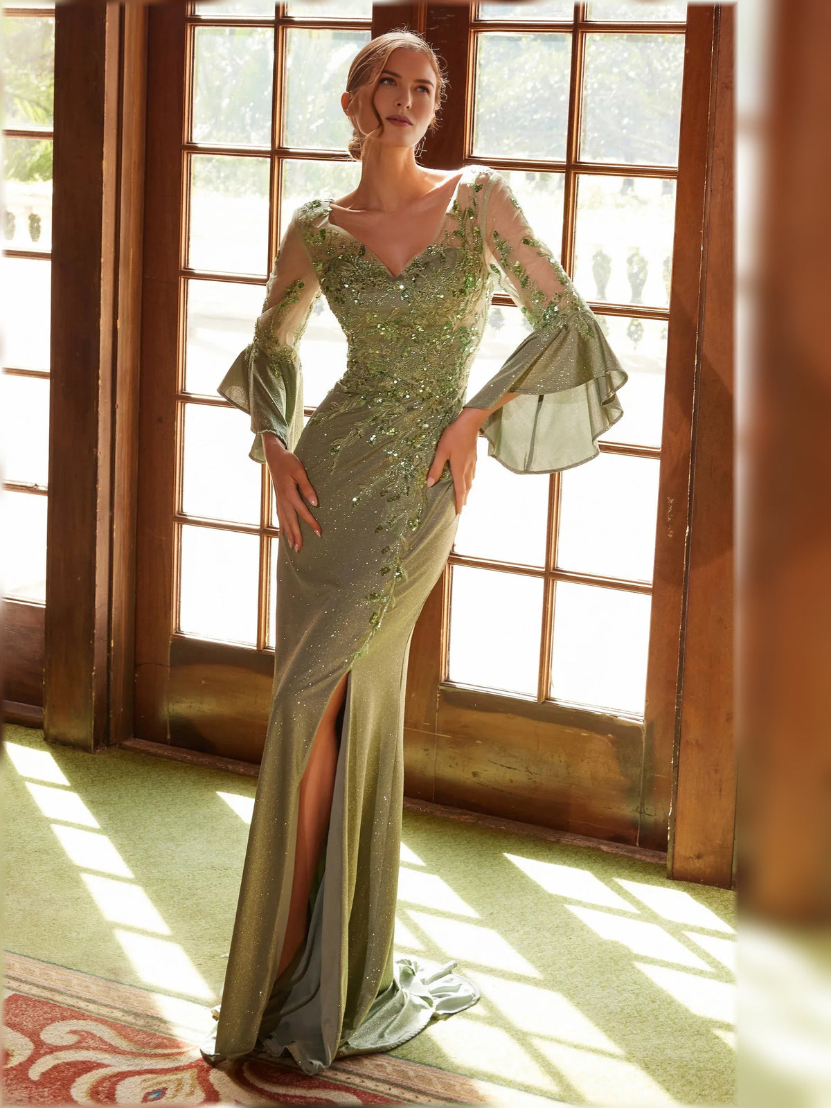 Sage green sequin V-neck sheath maxi dress with slit and bell sleeves