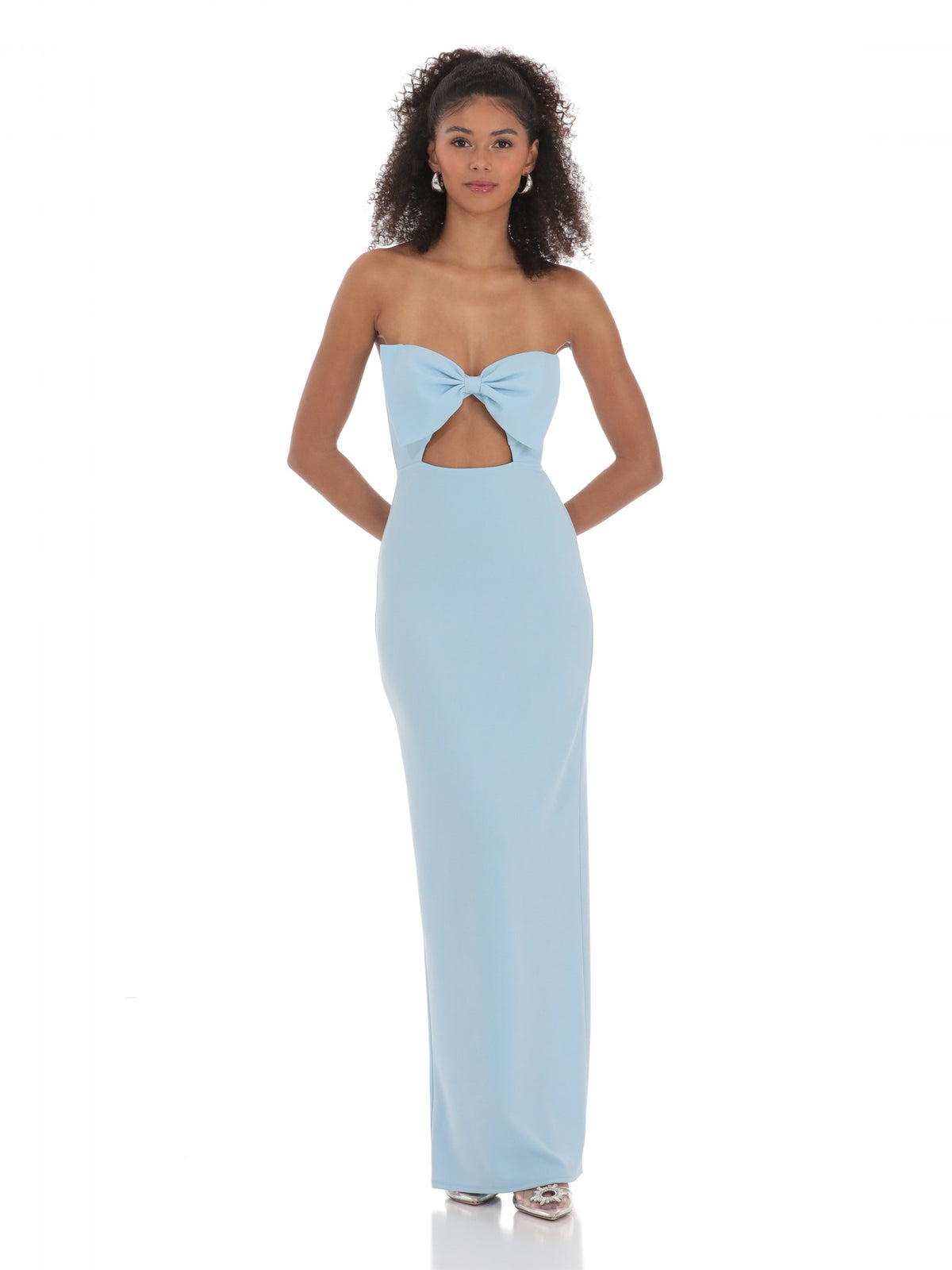 Blue bridesmaid dress with a-line silhouette and maxi length