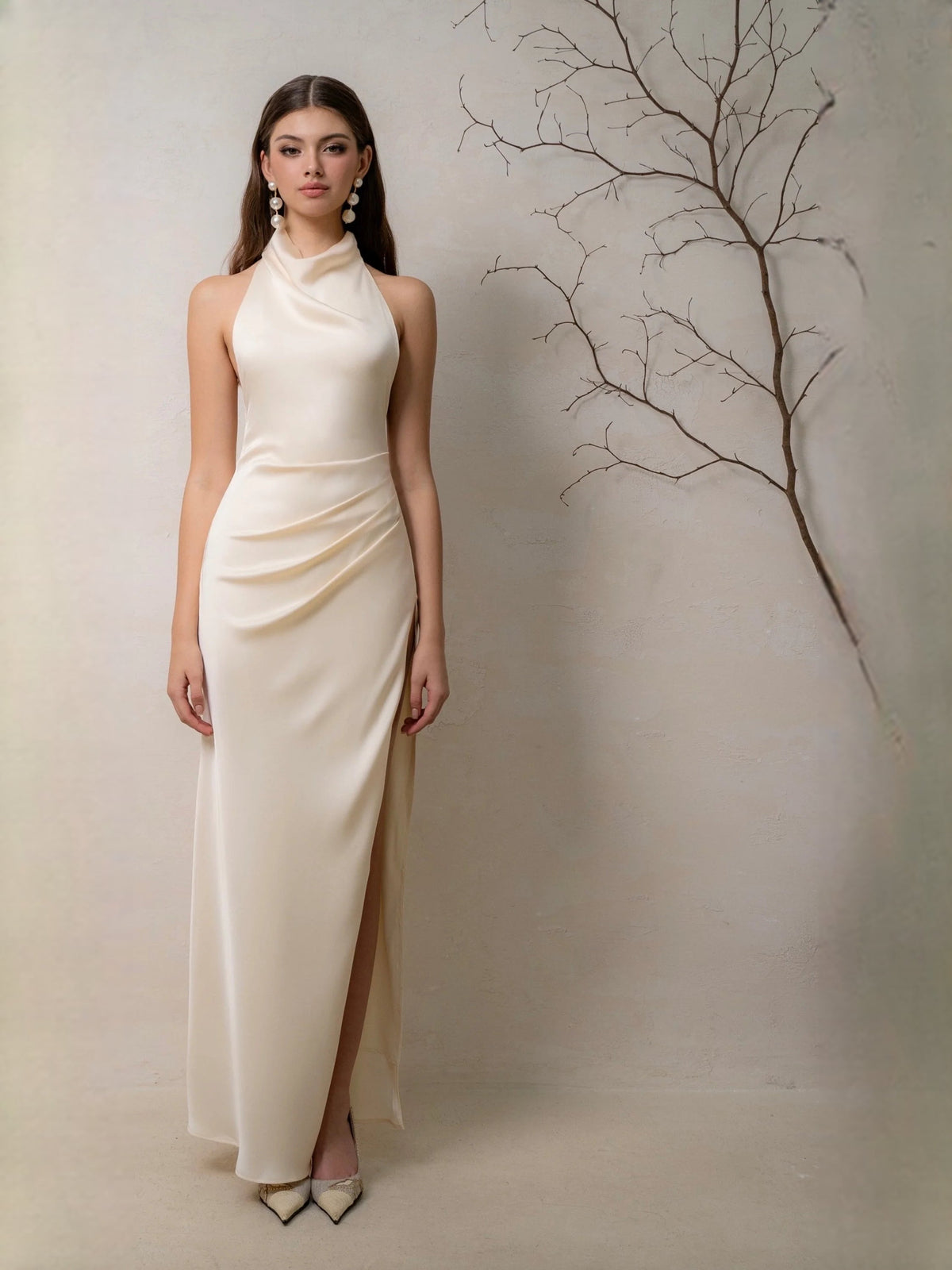 Ivory satin cowl-neck sheath gown with ruched side slit, sleeveless maxi