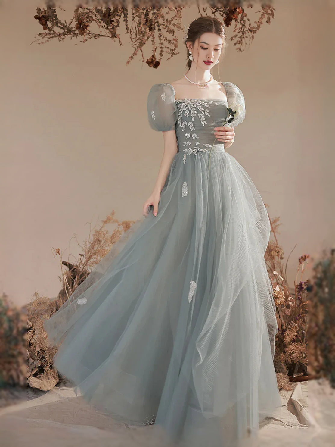 Mist blue tulle prom dress with floral corset bodice, square neck, puff sleeves, A-line maxi