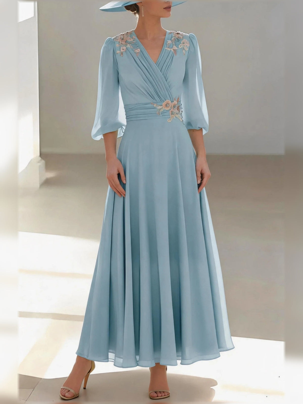 Dusty blue chiffon V-neck A-line dress with floral applique, 3/4 sleeves, pleated skirt