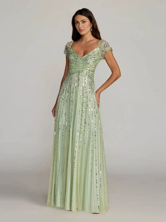 Mint green floor-length formal dress with sweetheart neckline and ruched beaded detailing