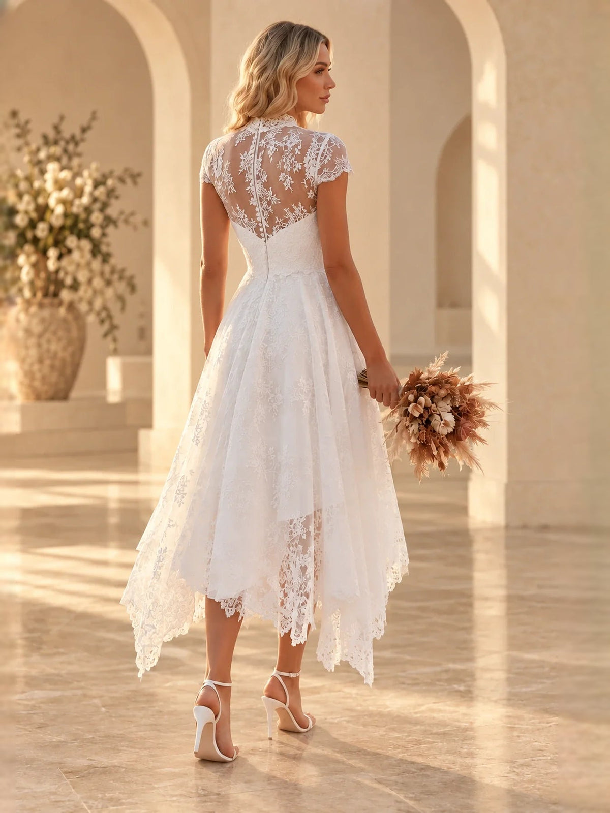 White lace A-line tea-length wedding dress, illusion lace back and cap sleeves