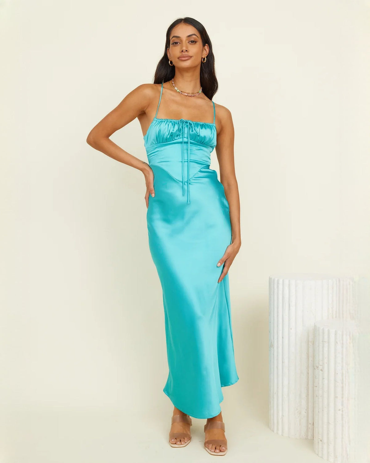 Aqua satin sleeveless maxi dress with ruched bodice and spaghetti straps