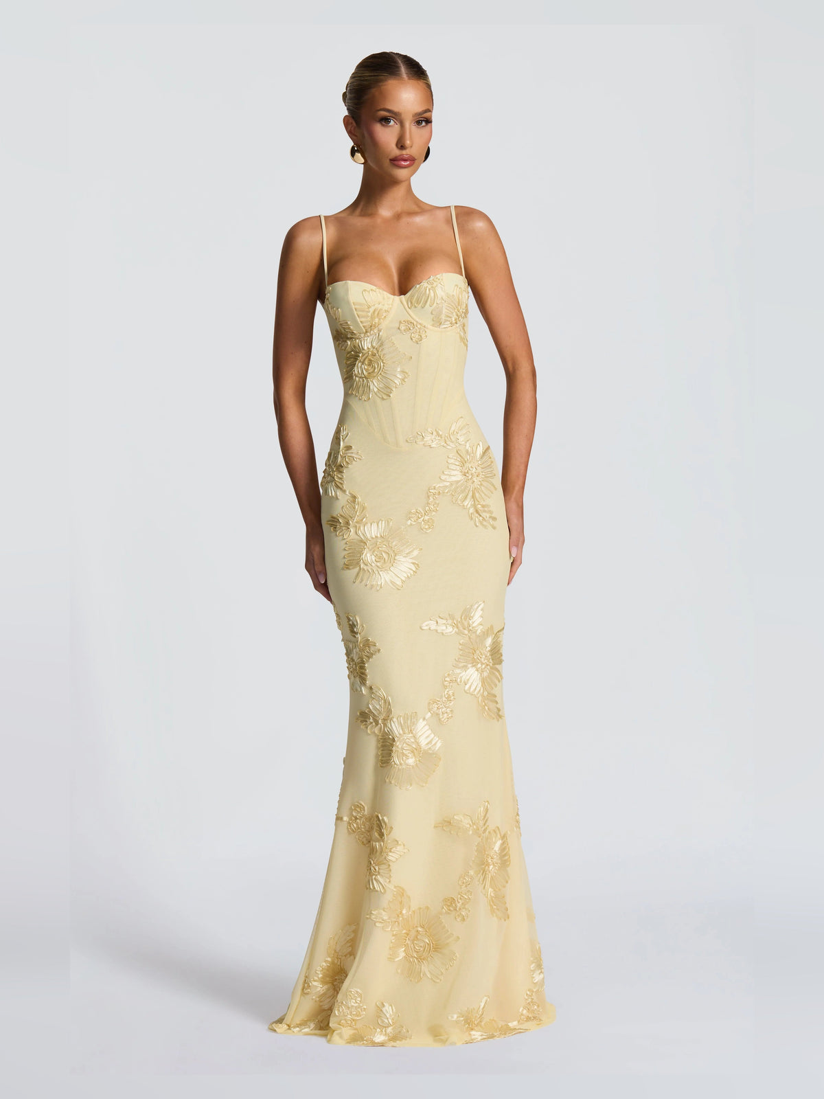 Champagne Gold mermaid maxi formal dress with sweetheart neckline, full-length front view