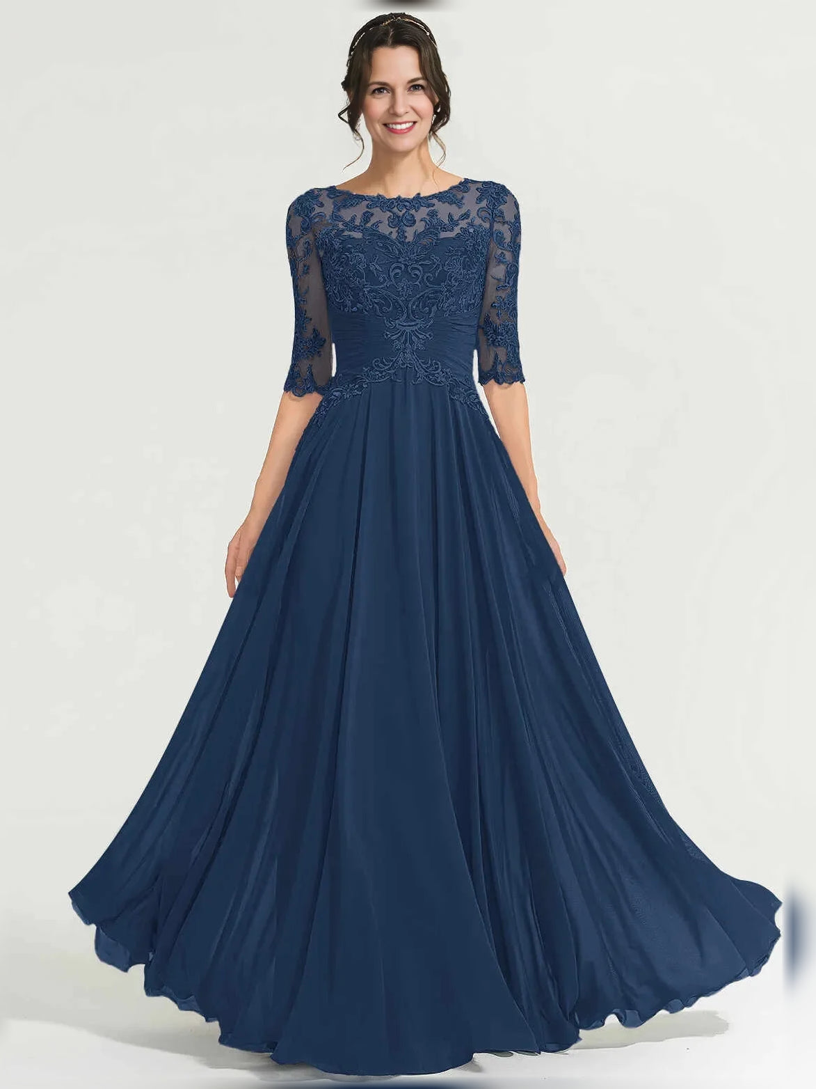 Dark navy illusion-neck A-line maxi chiffon dress with lace floral applique and 3/4 sleeves