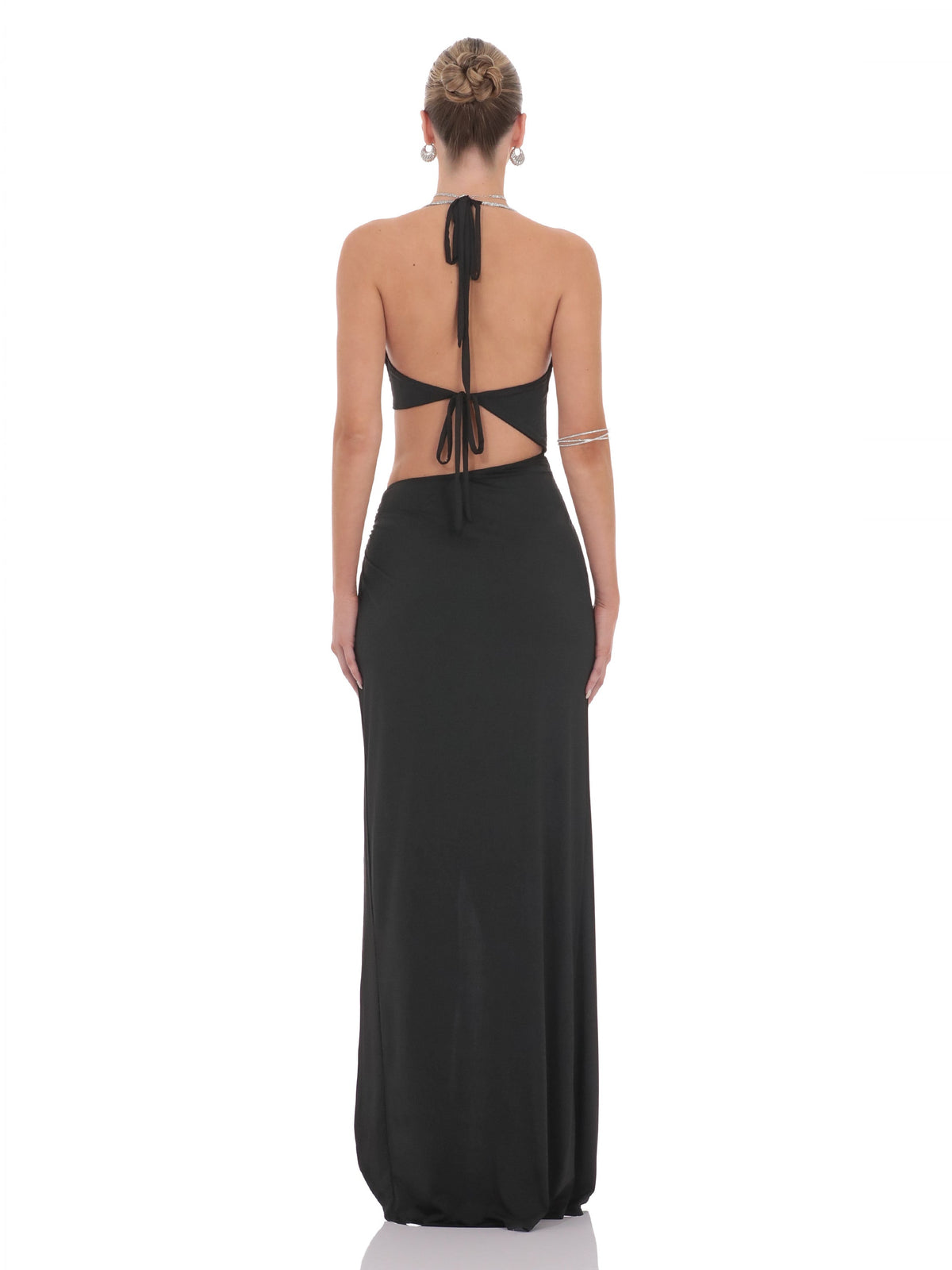 Black bridesmaid dress with a-line silhouette and maxi length