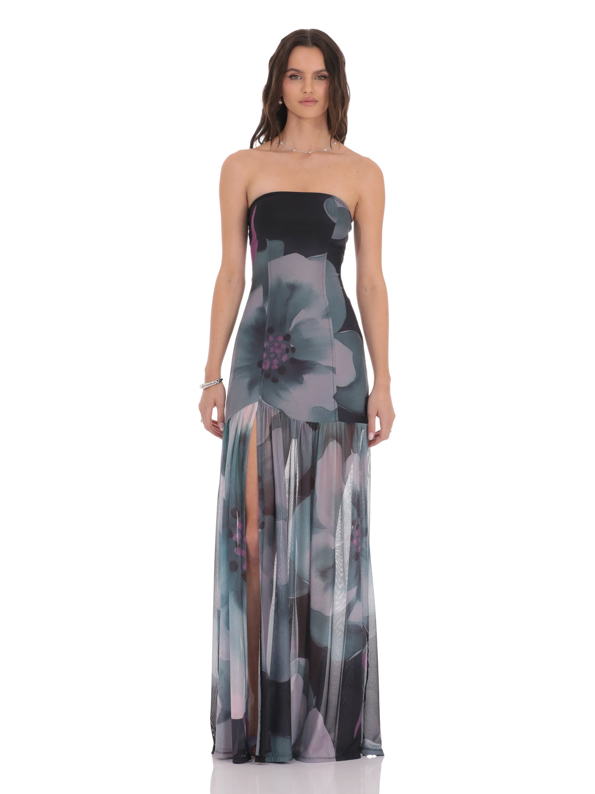 Navy bridesmaid dress with a-line silhouette and maxi length