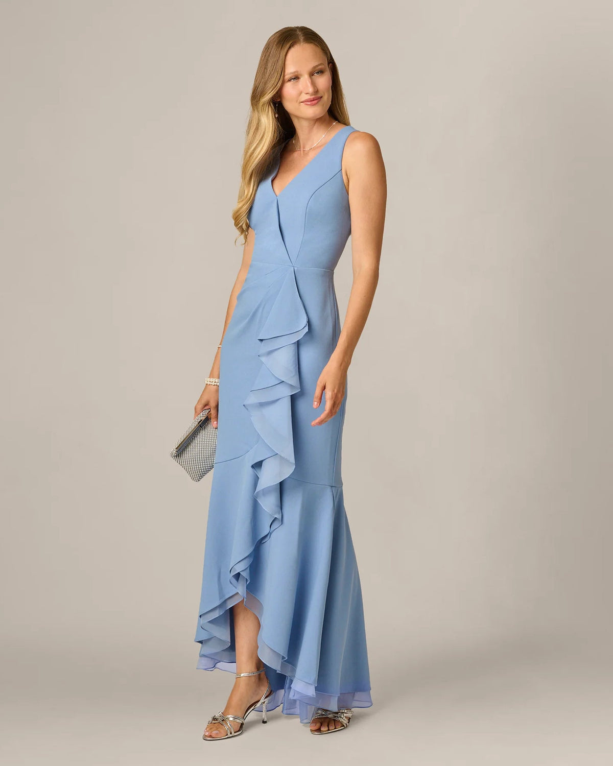 Blue spaghetti-strap A-line maxi dress with layered ruffle skirt