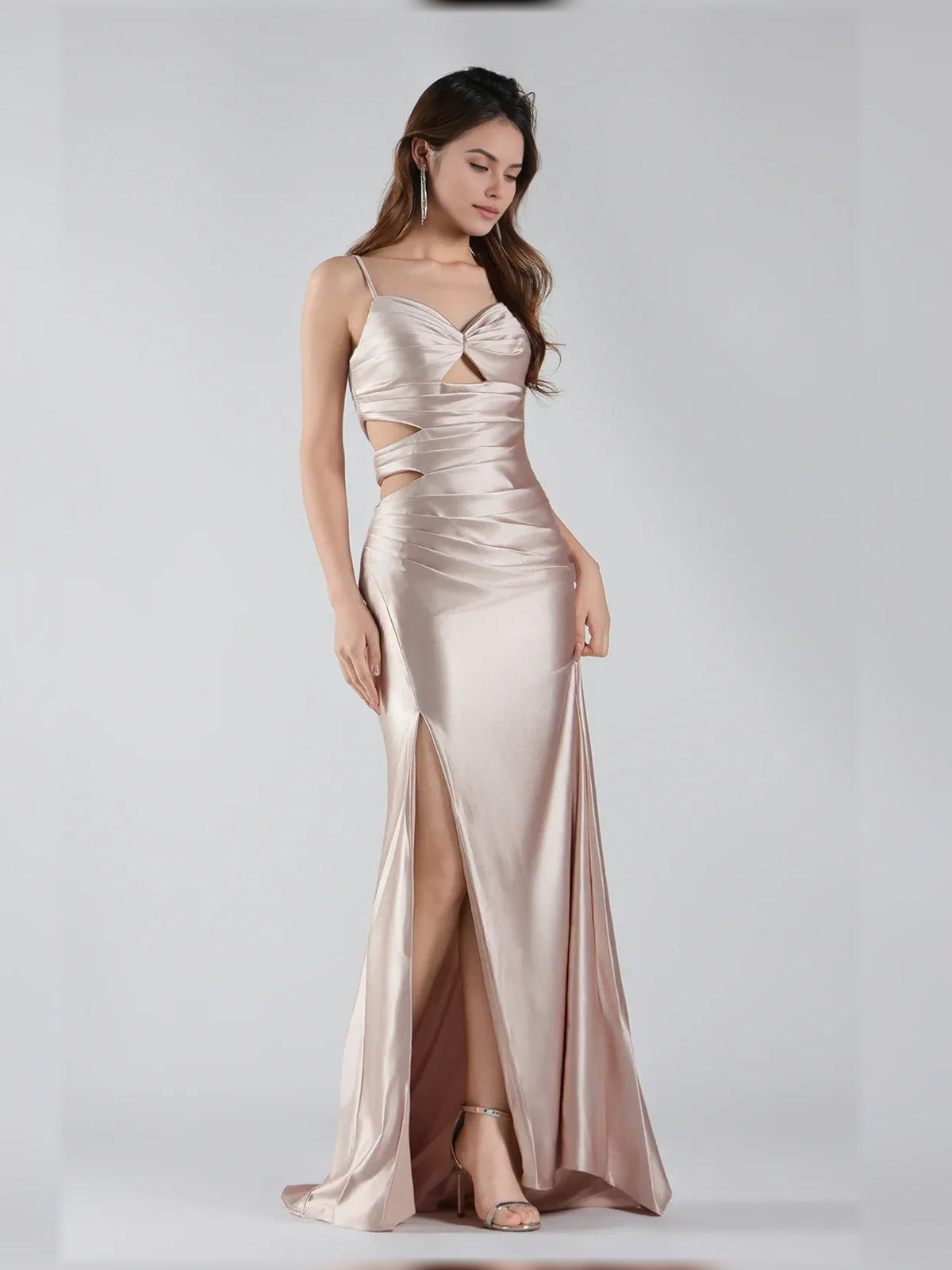 Taupe satin mermaid formal dress with sweetheart neckline, spaghetti straps, ruching and slit