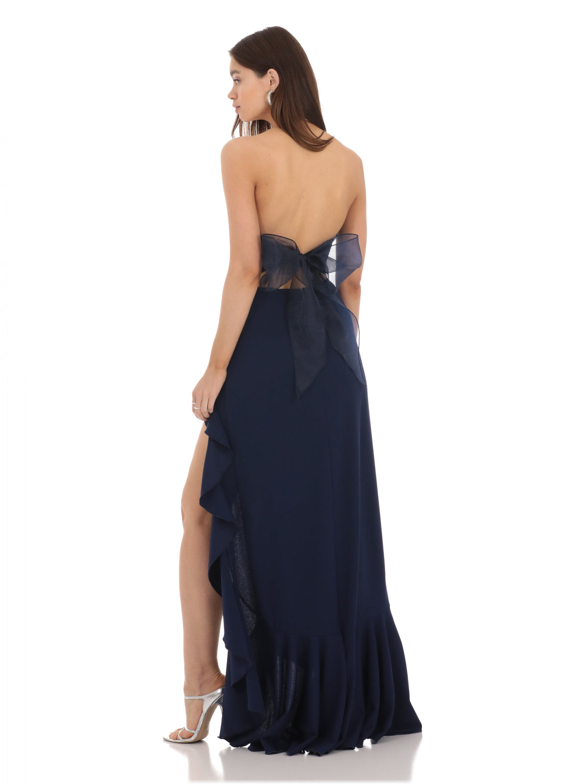 Navy bridesmaid dress with a-line silhouette and maxi length