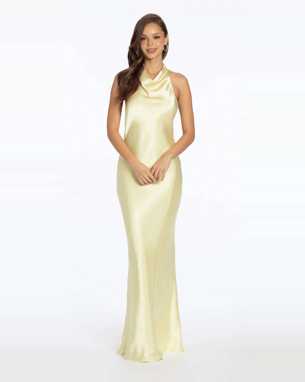 Halter neck column maxi prom dress in yellow, sleeveless, draped neckline.