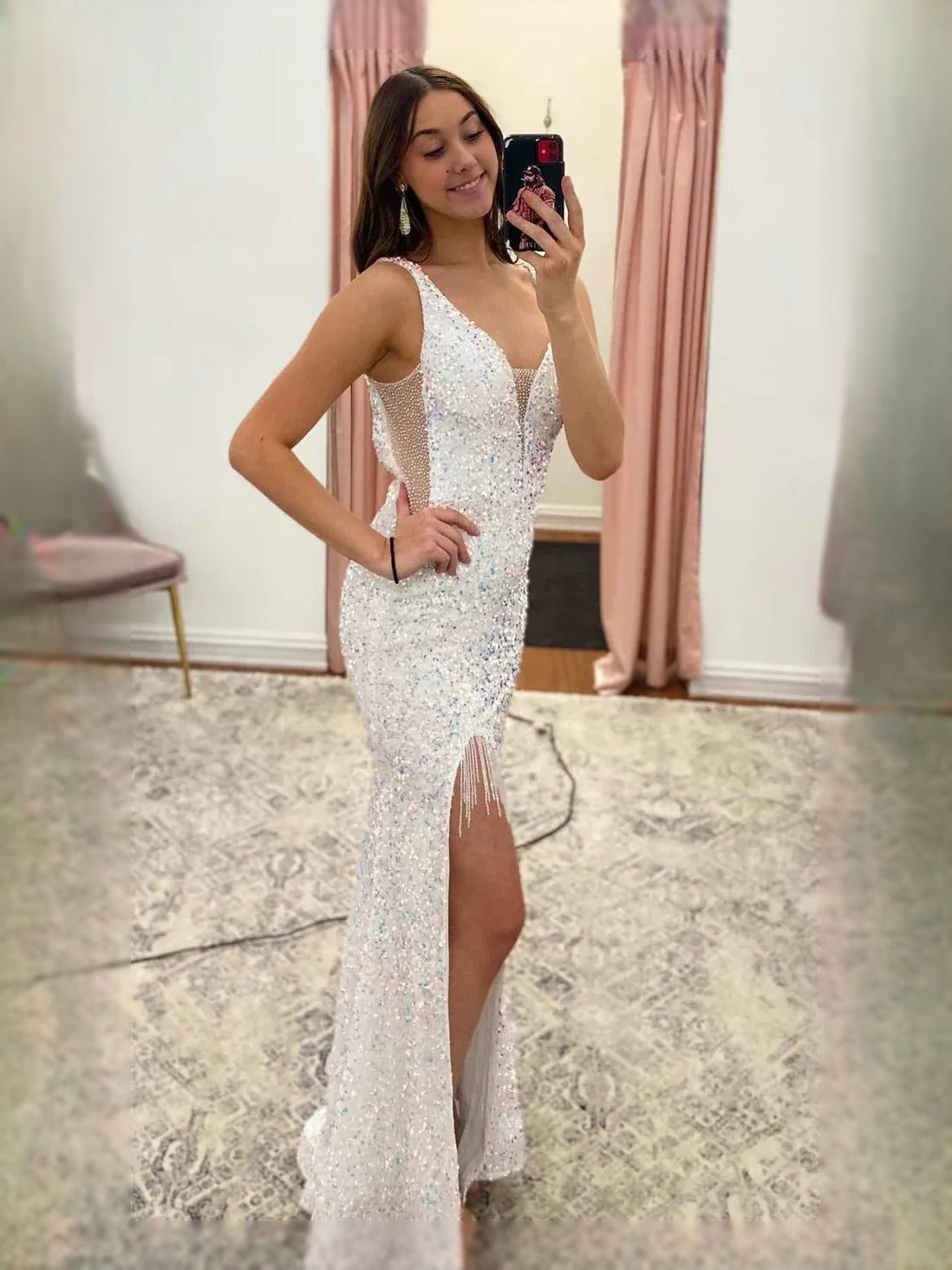 White sequin V-neck mermaid prom dress with backless cut-out and thigh-high slit