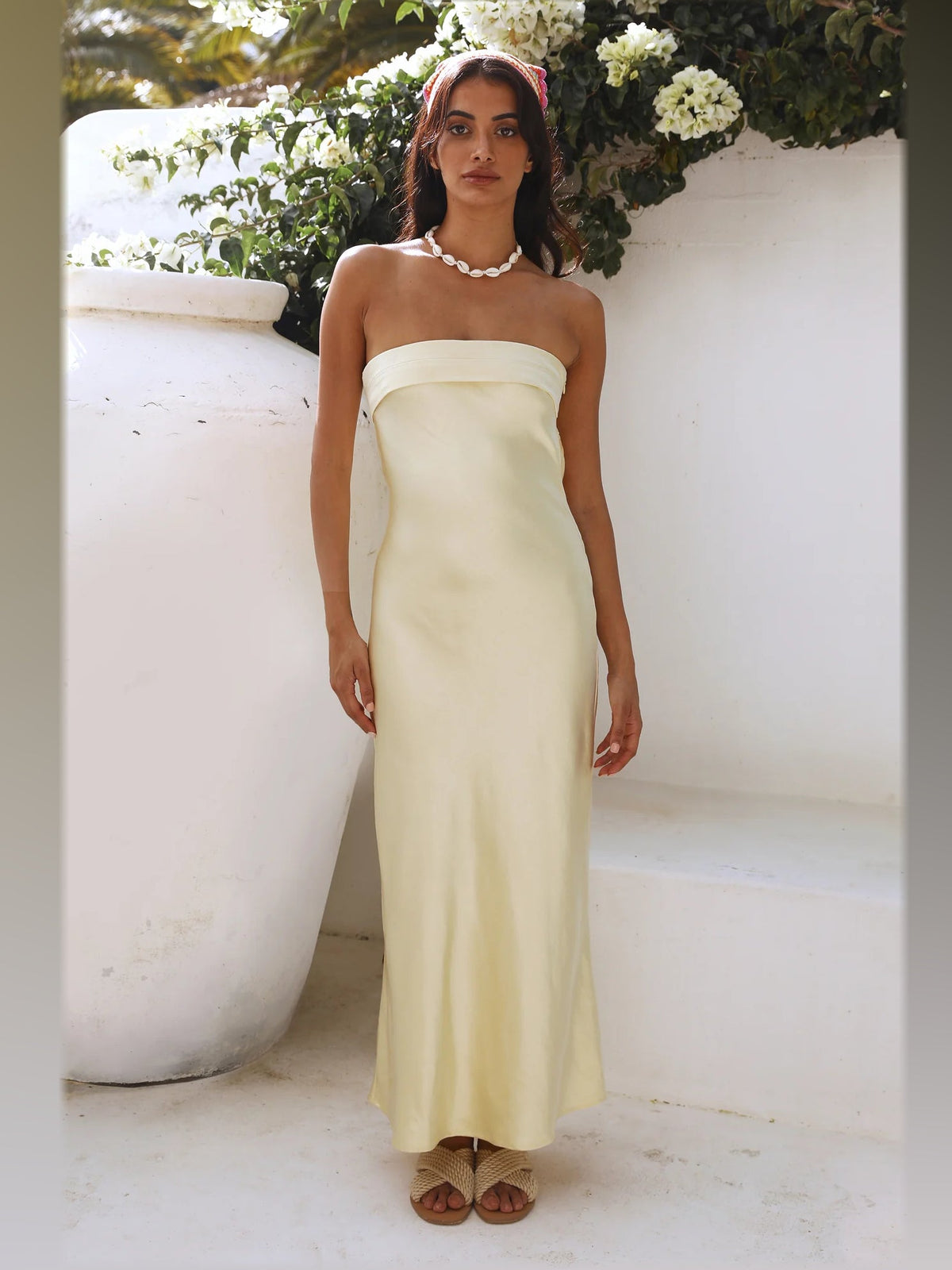 Yellow maxi formal dress, front full-length view showing the neckline