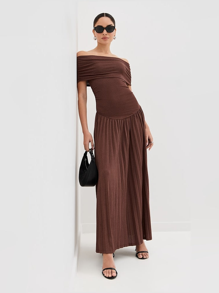 Brown a-line maxi formal dress with off-the-shoulder neckline, full-length front view