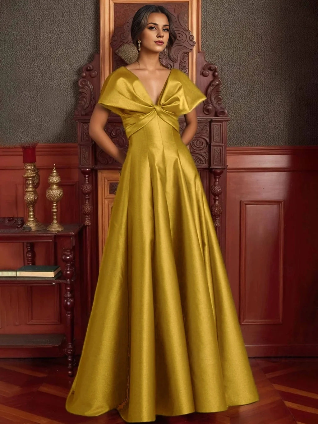 Gold satin V-neck A-line prom dress with bow detail at waist