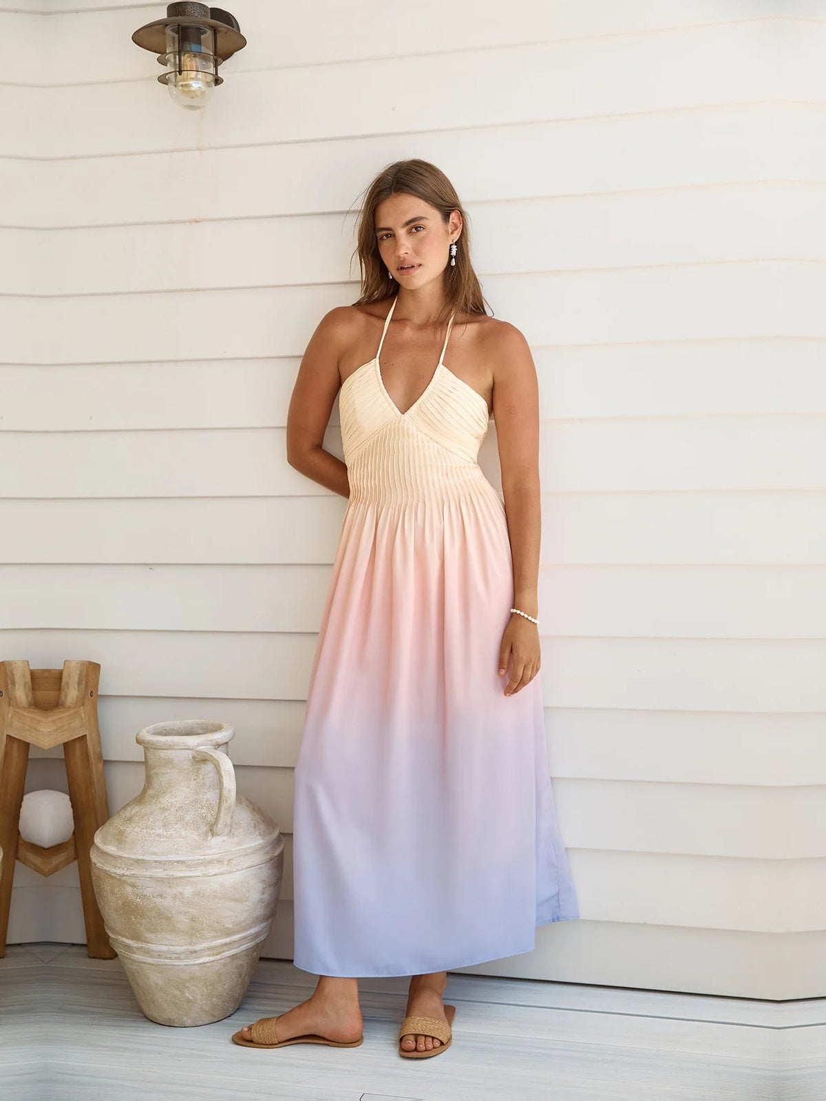 Purple a-line maxi formal dress with halter neckline, full-length front view