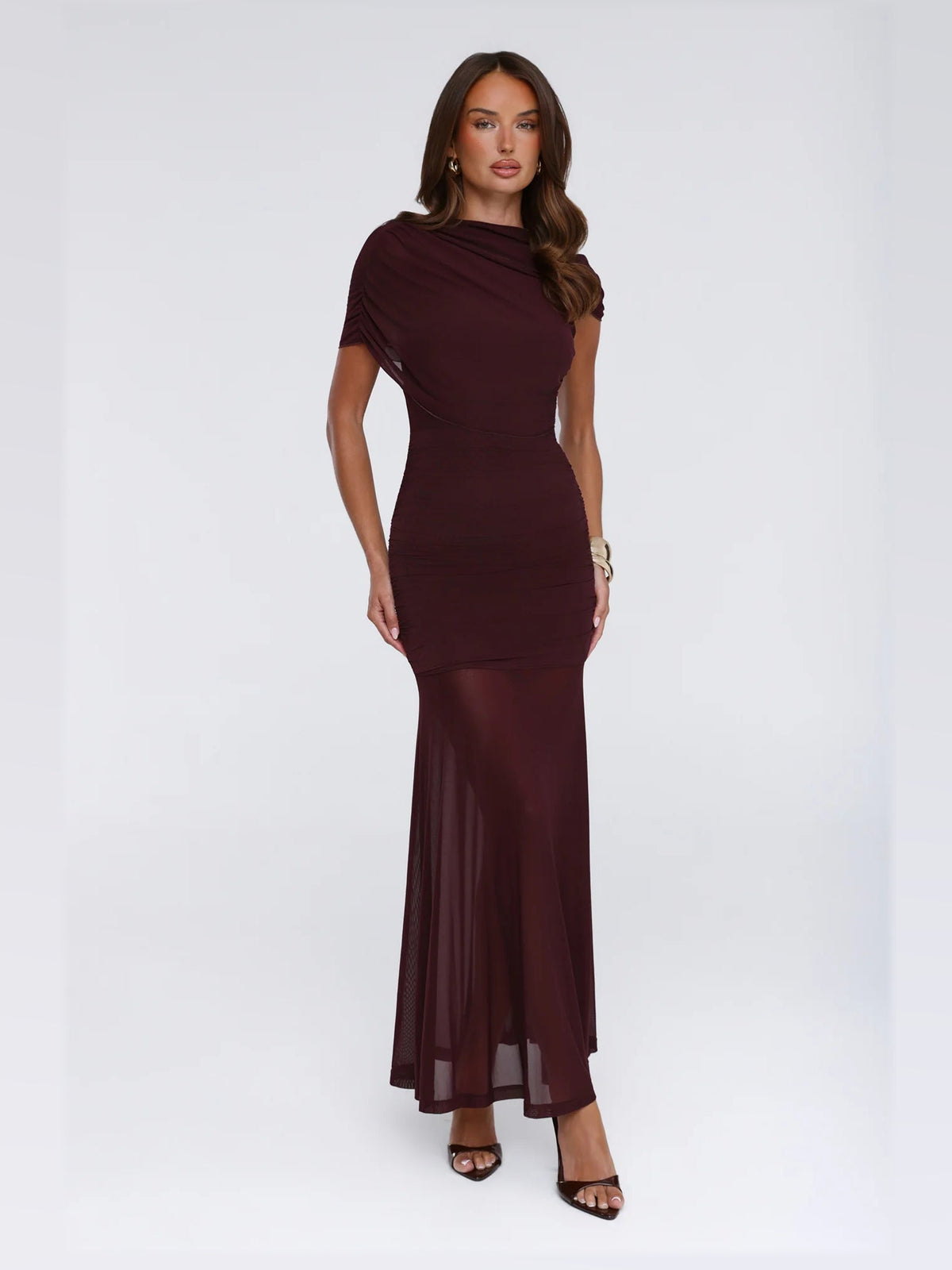 Burgundy maxi formal dress, front full-length view showing the neckline