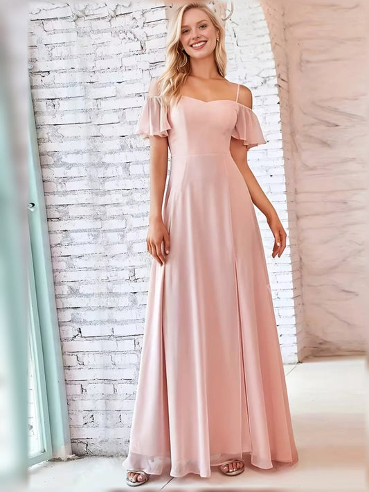 Coral sweetheart A-line maxi chiffon dress with ruffled off-shoulder sleeves and side slit