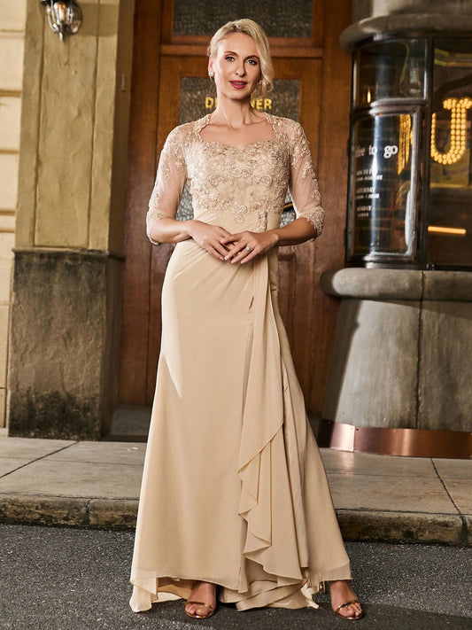 Champagne floor-length mother-of-the-bride dress with square neckline and lace bodice