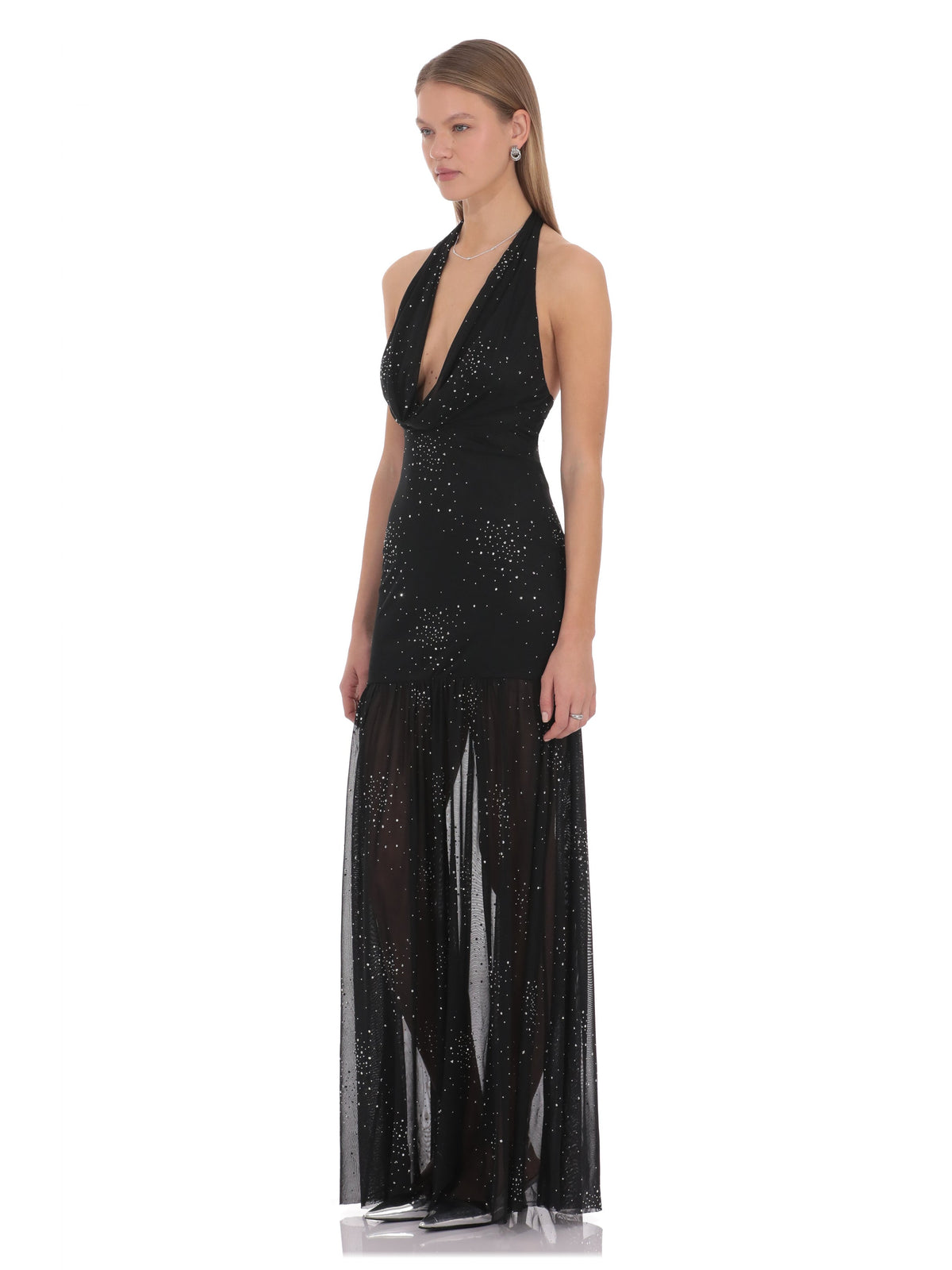 Black bridesmaid dress with a-line silhouette and maxi length