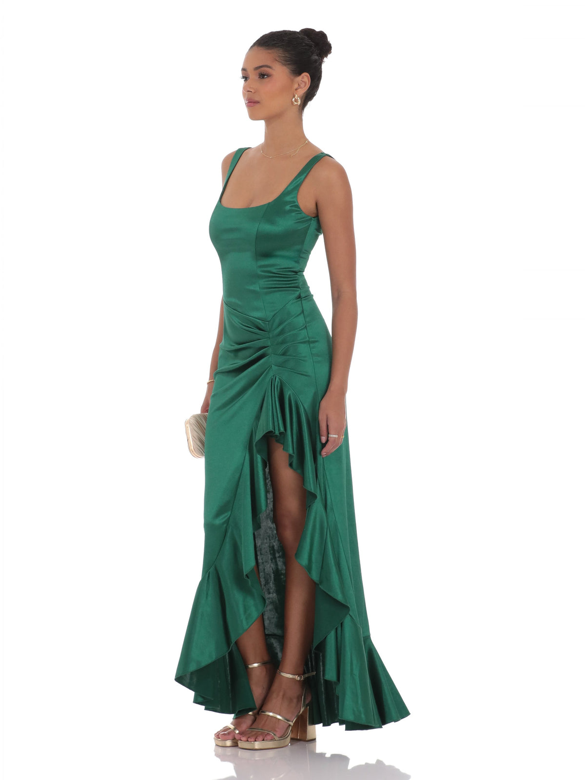 Green bridesmaid dress with a-line silhouette and maxi length