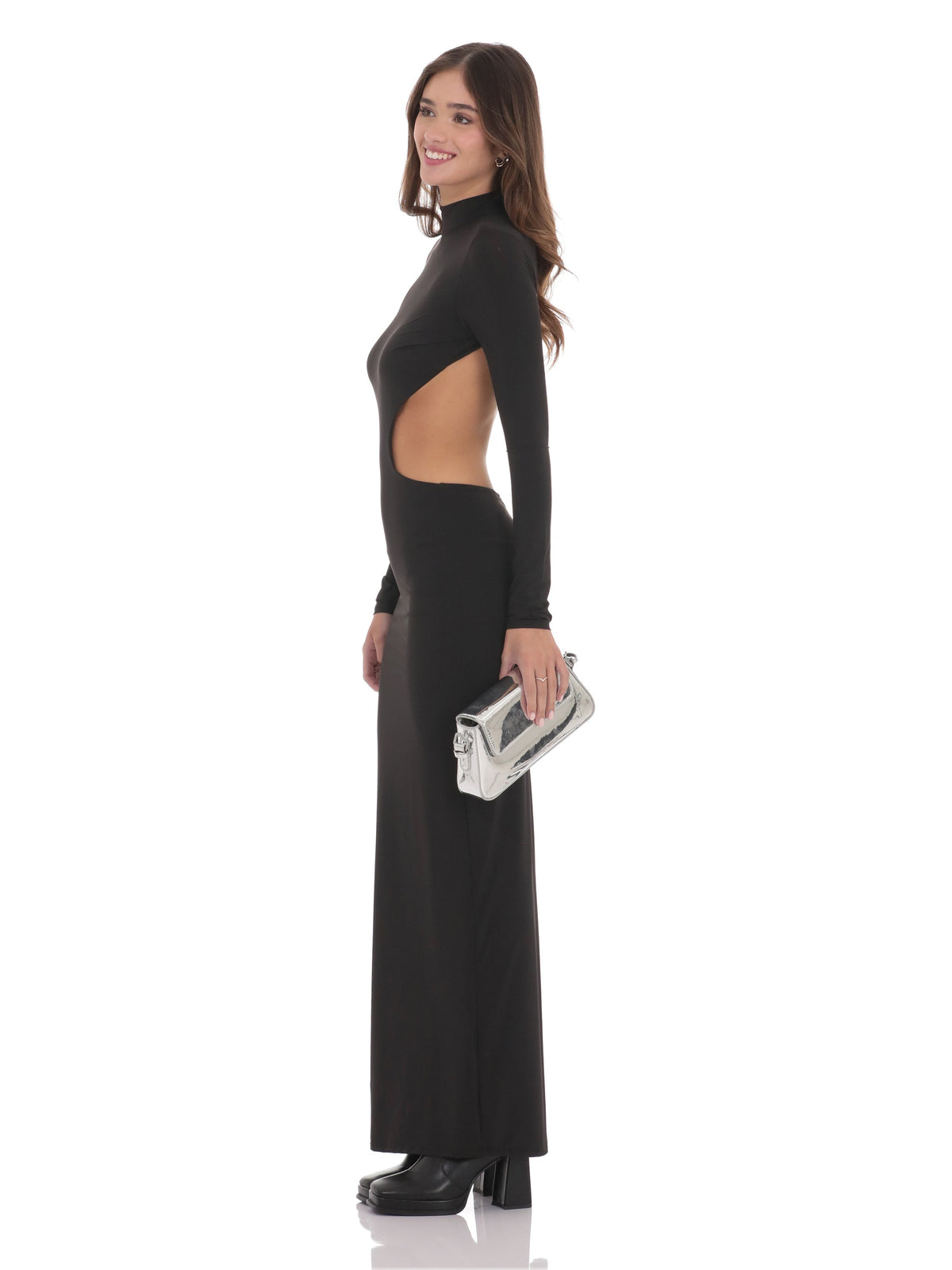 Black bridesmaid dress with a-line silhouette and maxi length