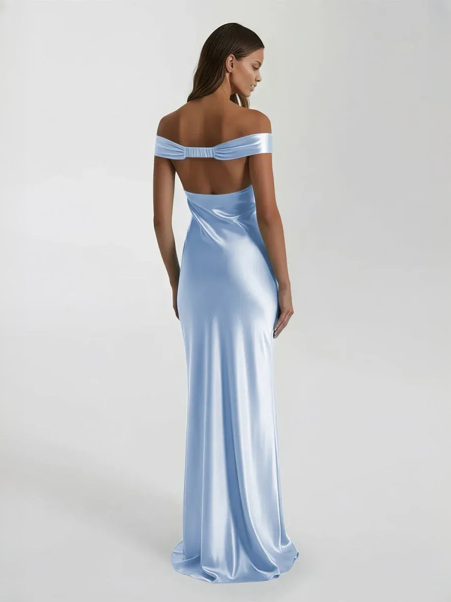 Light blue satin off-shoulder column prom dress, floor-length, draped neckline