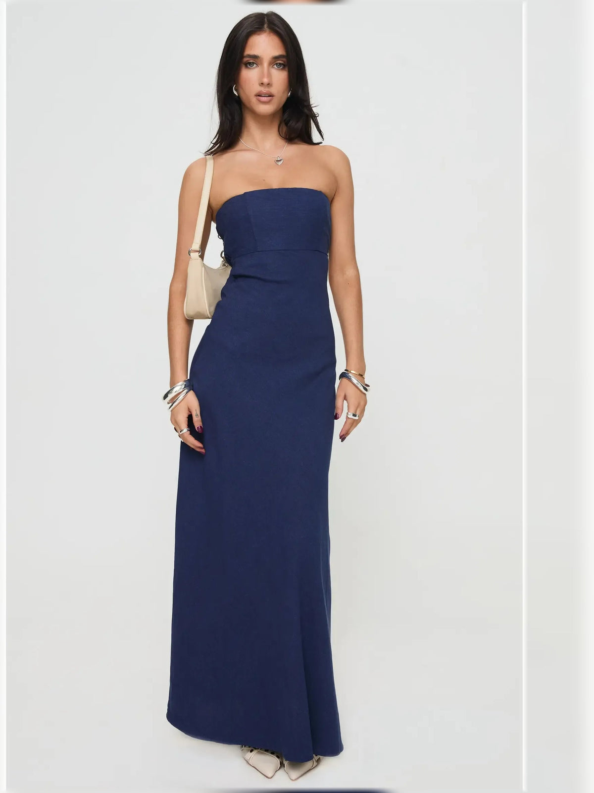 Navy strapless cutout sheath formal dress, floor-length, fitted front