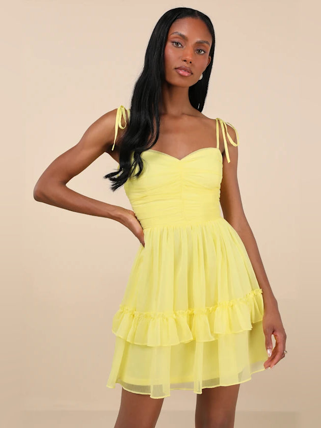Yellow tiered ruffle chiffon mini dress, square neckline, tied spaghetti straps