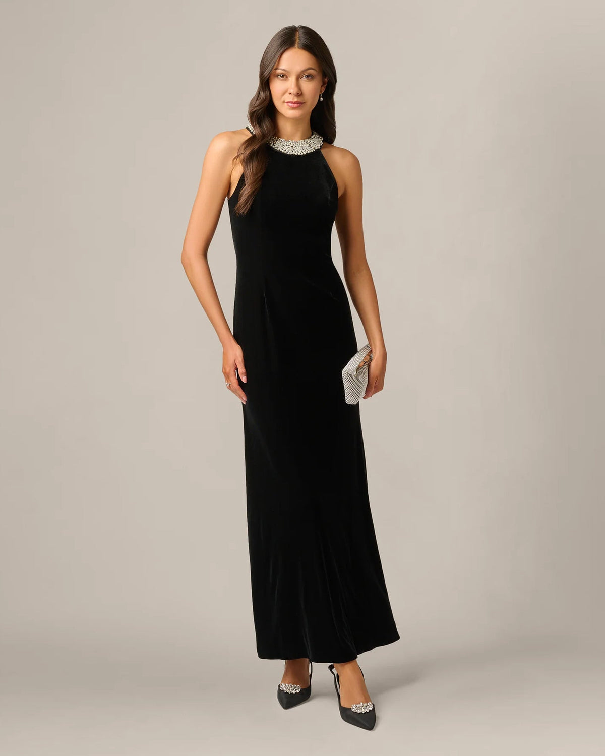 Black halter A-line maxi dress with jeweled neckline detail and sleeveless bodice