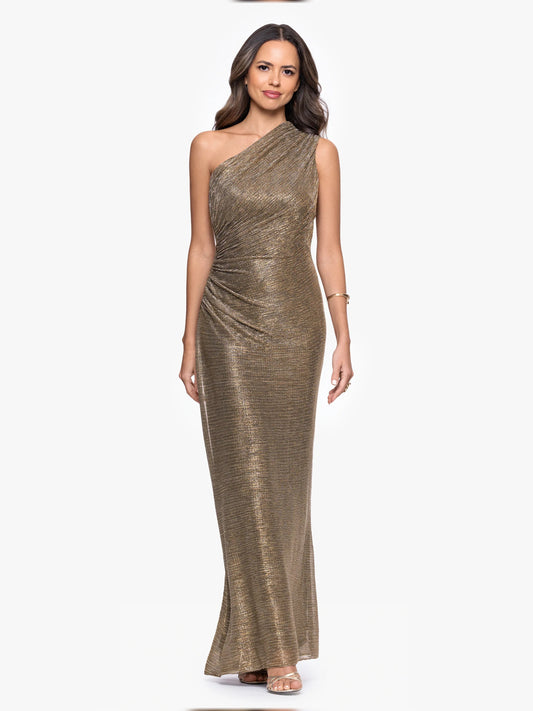 Gold one-shoulder ruched draped maxi sheath dress, side twist detail
